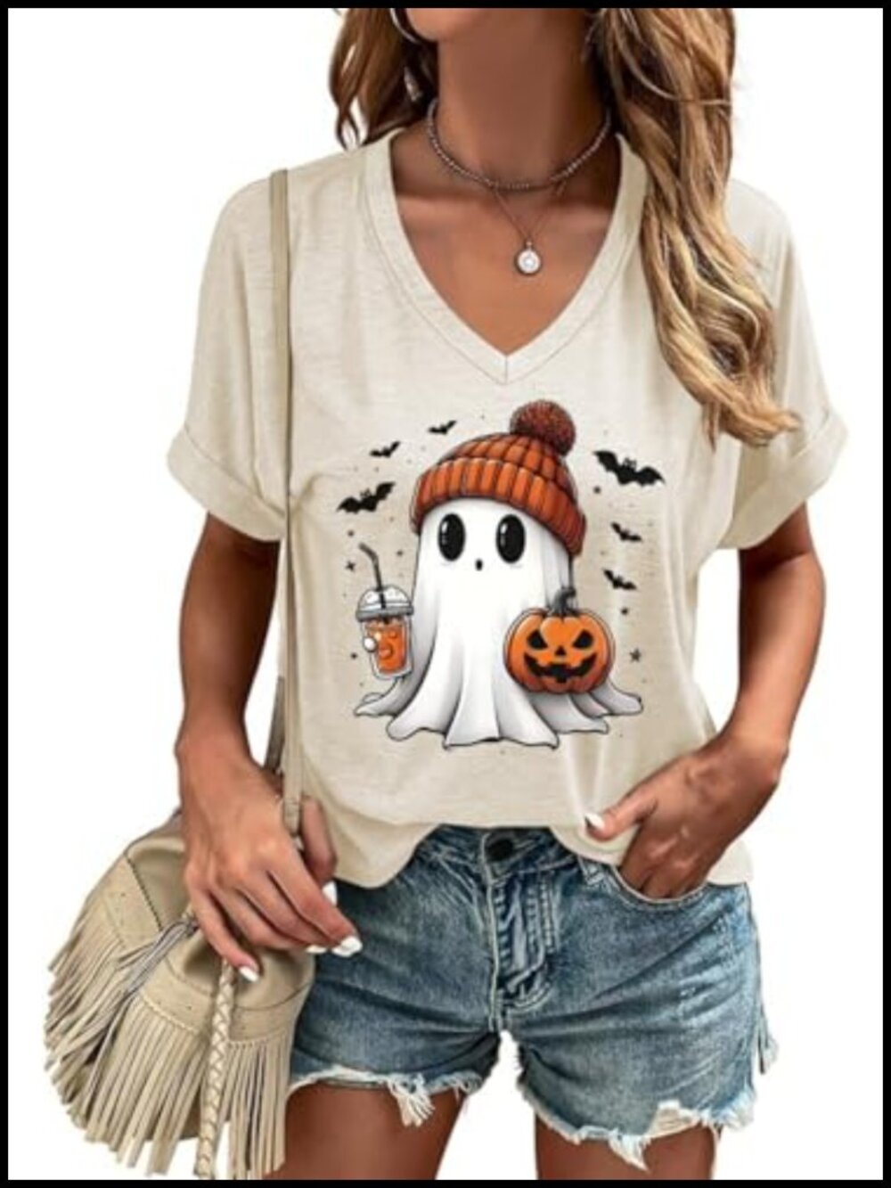 V-Neck Halloween T-Shirt, Cotton Blend Graphic Tee